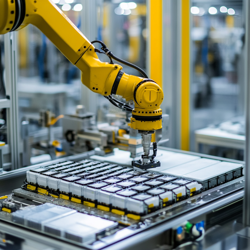 Battery assembly in a high-tech factory with robotics