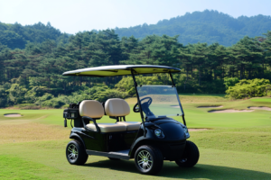 Electric golf cart on a scenic golf course