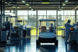 E-mobility golf cart parked on a golf course