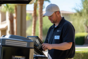 Technician conducting diagnostics on e-mobility vehicle controls