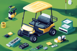 Illustration of electric golf cart and battery components on a golf course