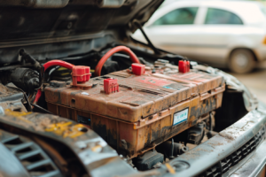 Close-up of a dirty car battery with red terminal covers