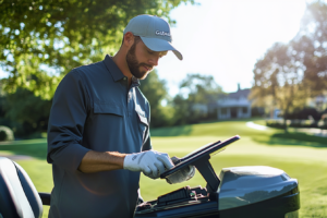 Technician inspecting control panel on e-mobility equipment outdoors