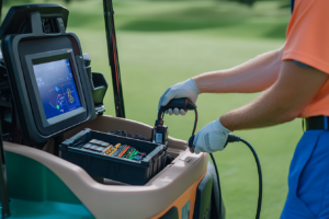 Electric golf cart with digital data overlay on a golf course