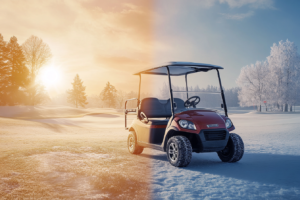 Electric golf cart displayed in a split-season view, summer and winter contrast