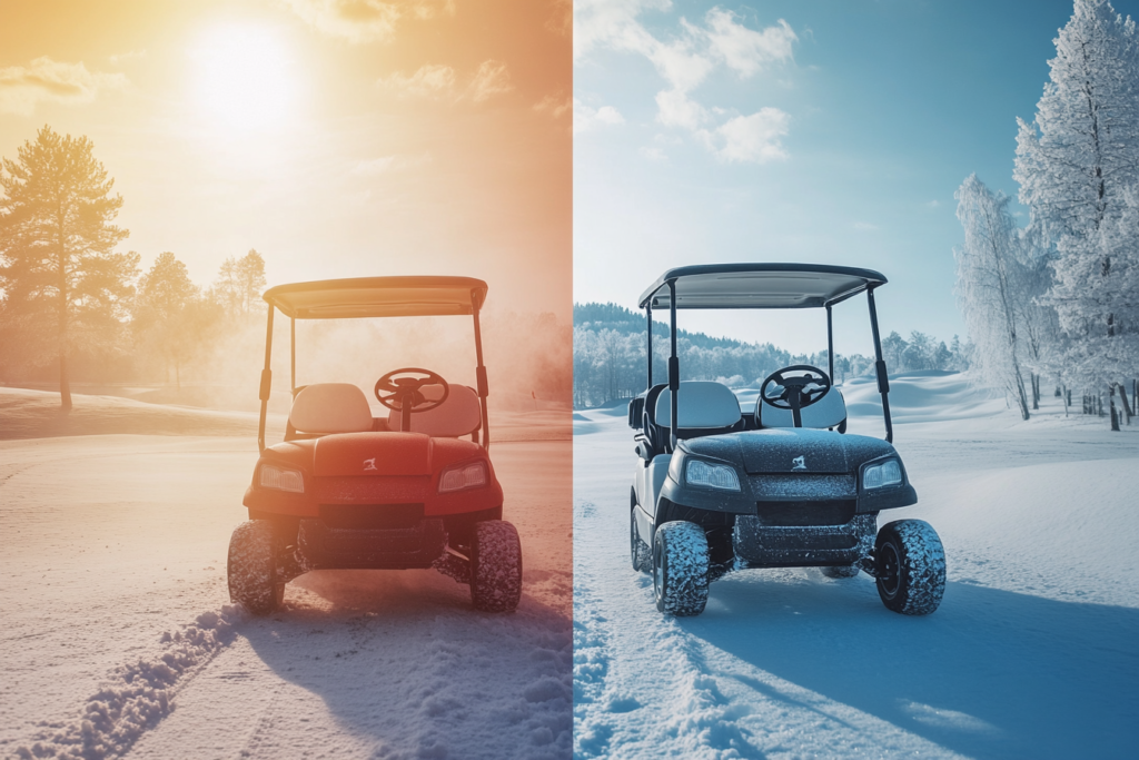 Front view of an electric golf cart in snow, showing summer and winter split design