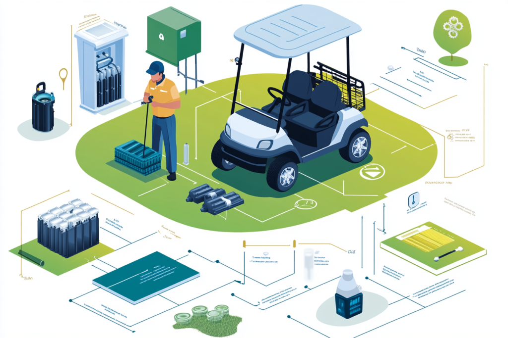 Illustration of electric golf cart maintenance process with battery components