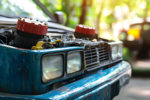 Car engine with close-up of red car battery