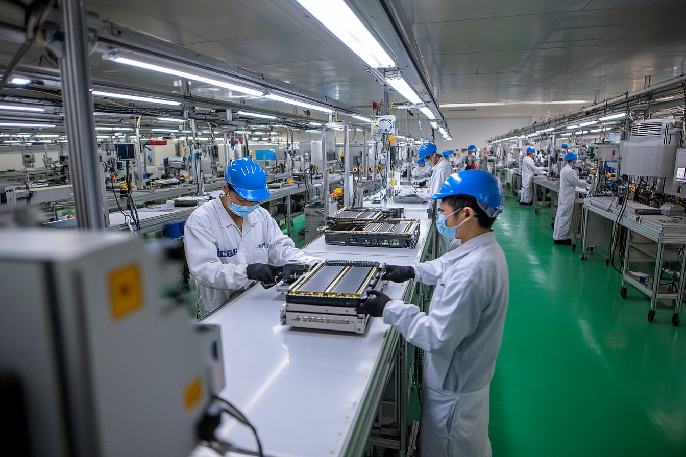 Technicians assembling lithium battery modules in a factory