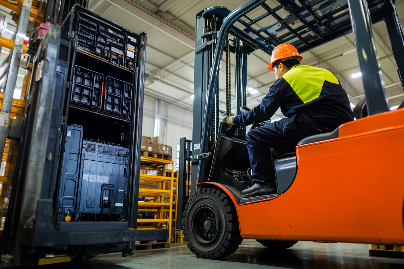 Forklift operator inspecting battery systems