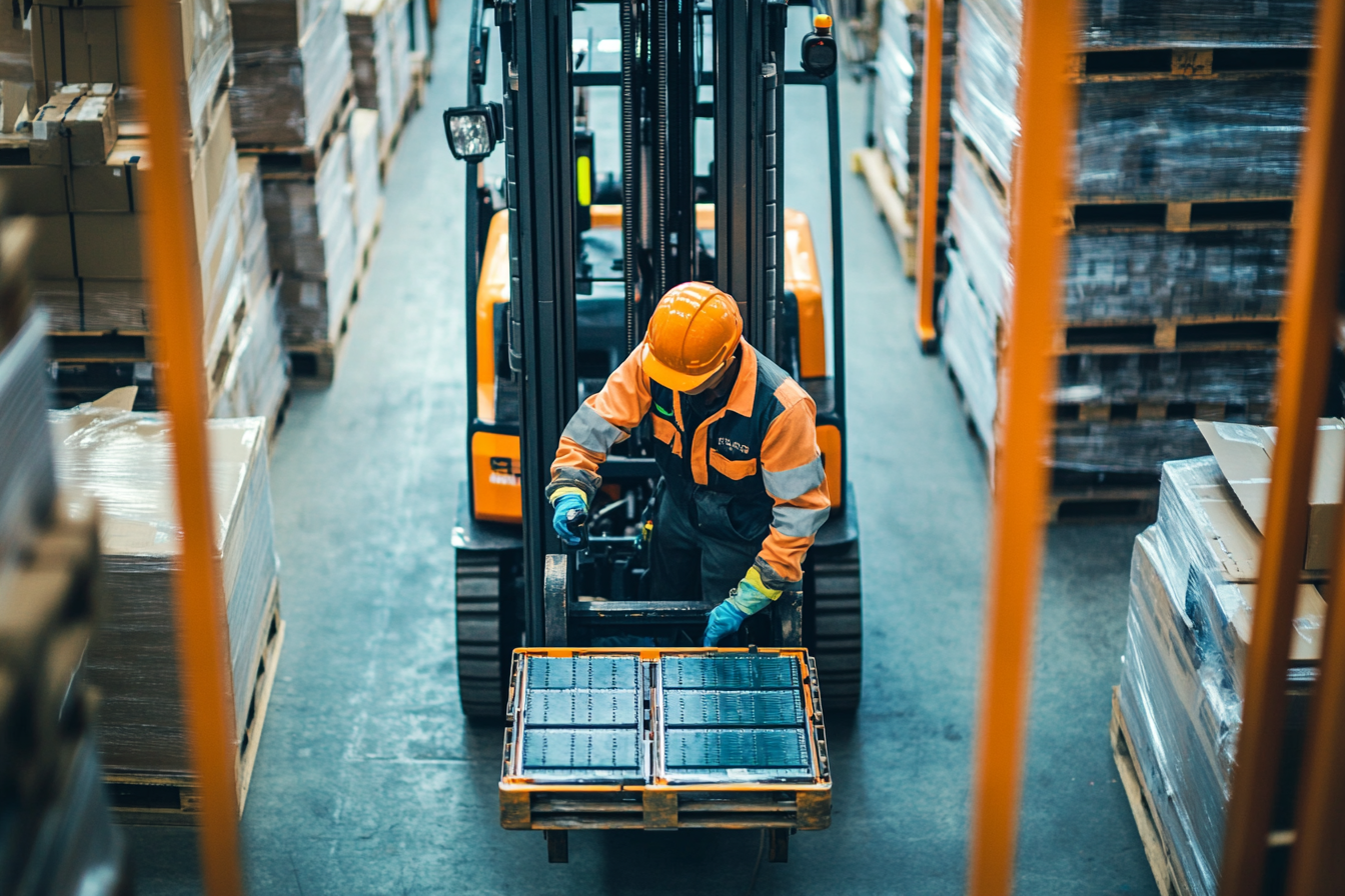 Worker loading battery modules onto a forklift