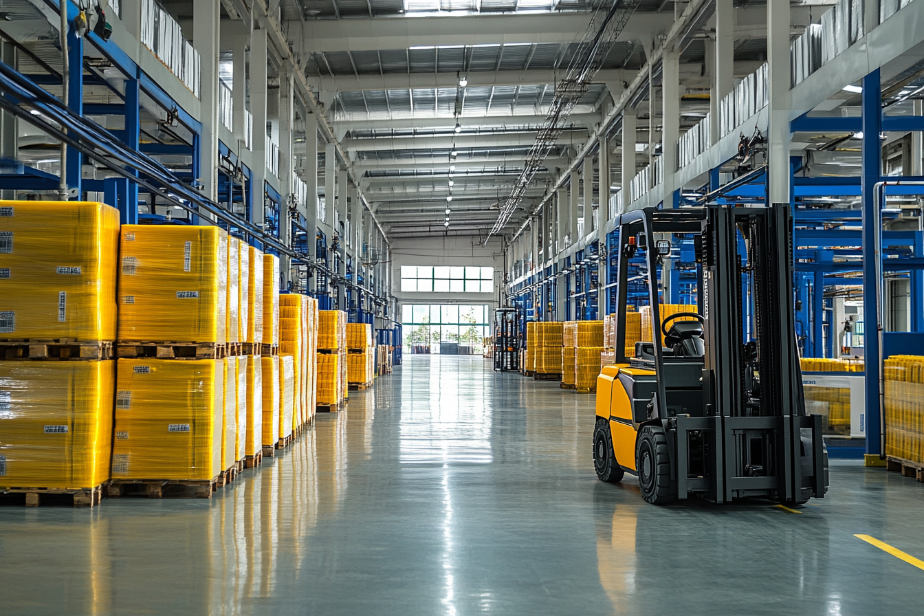 Warehouse facility with electric forklifts and pallet storage