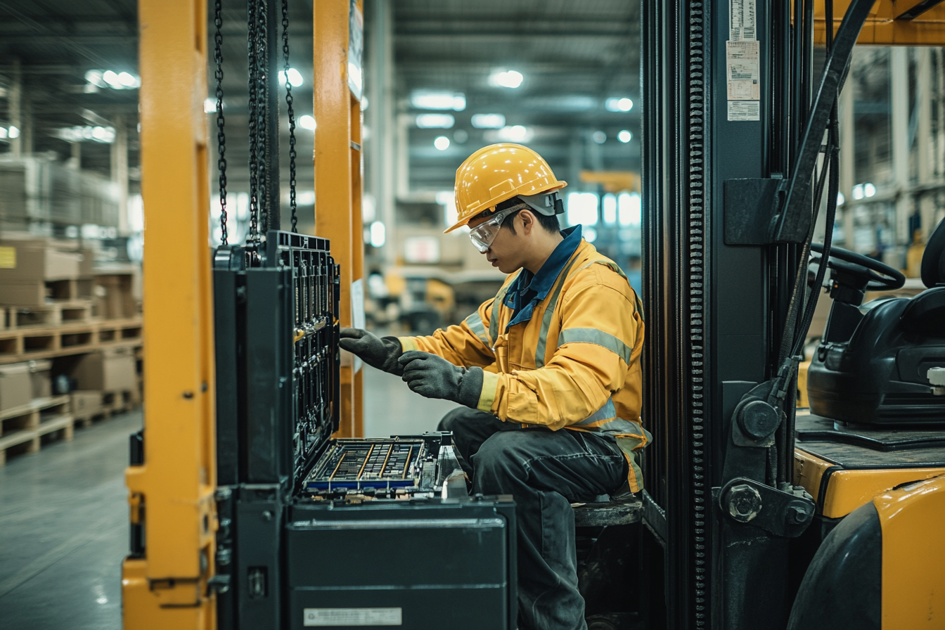 Worker maintaining a forklift battery module